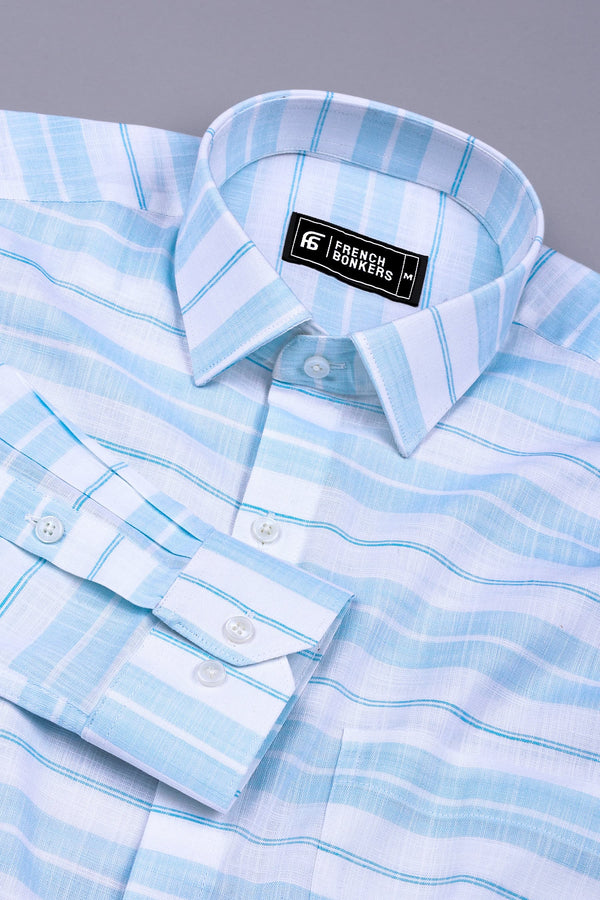 Sea Blue With White Stripe Amsler Cotton  Shirt