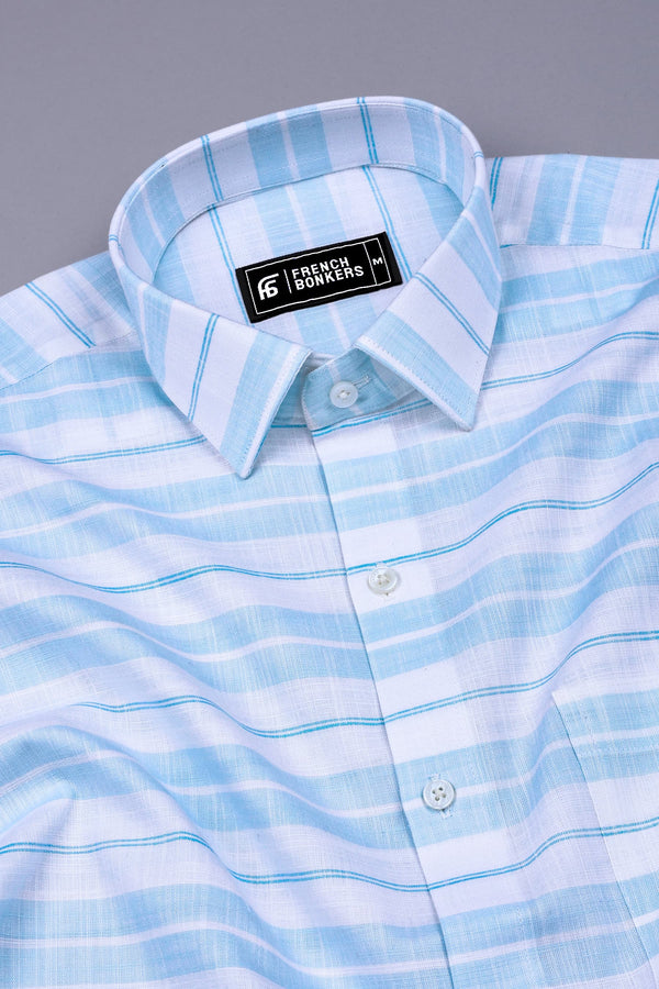 Sea Blue With White Stripe Amsler Cotton  Shirt