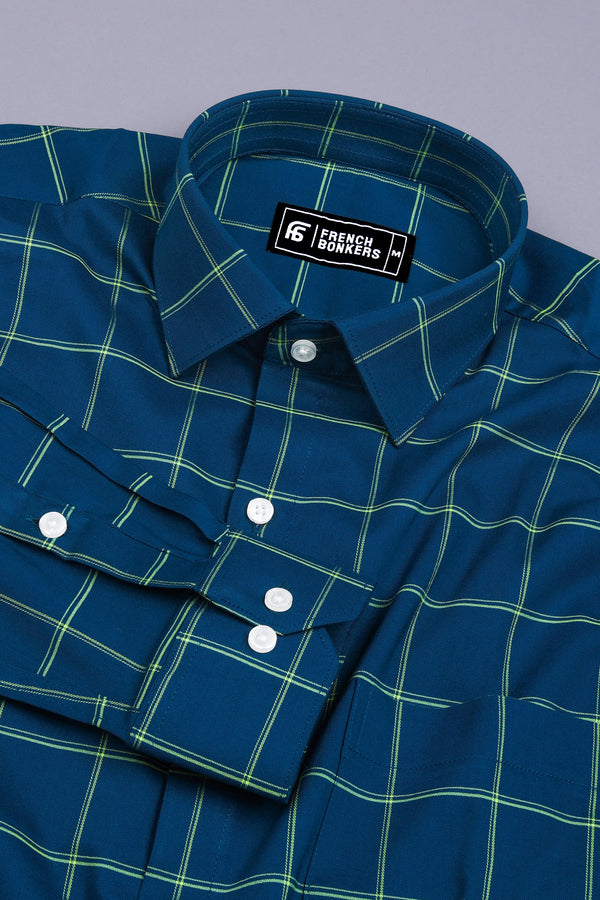 Peacock Blue With yellow Windowpane Check Shirt