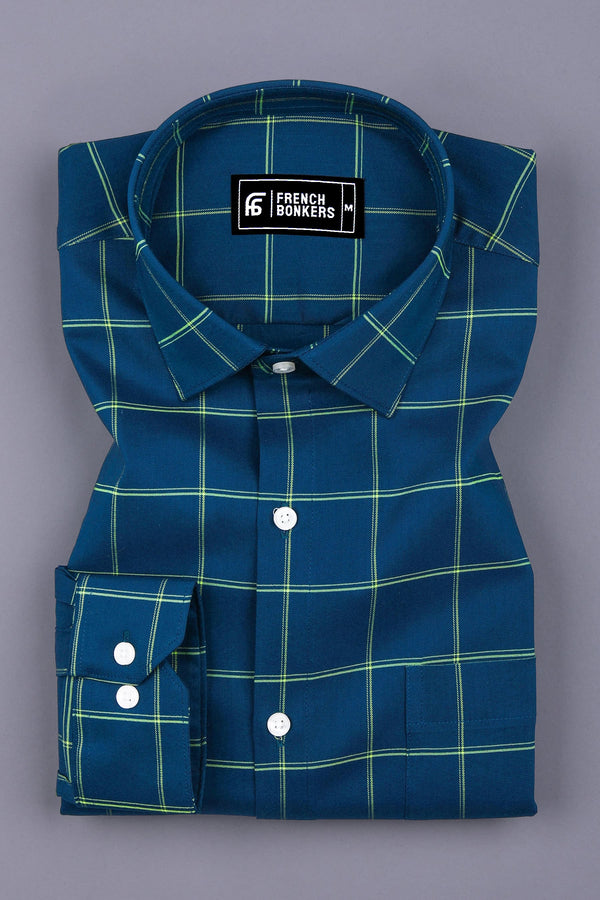 Peacock Blue With yellow Windowpane Check Shirt