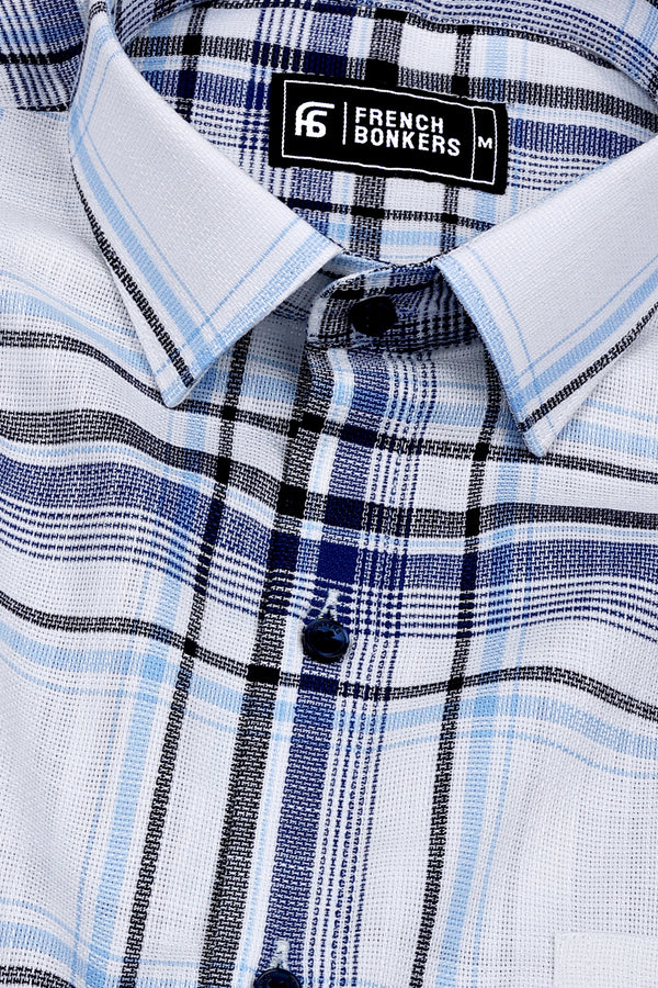 White With Blue Windowpane Dobby Check Shirt