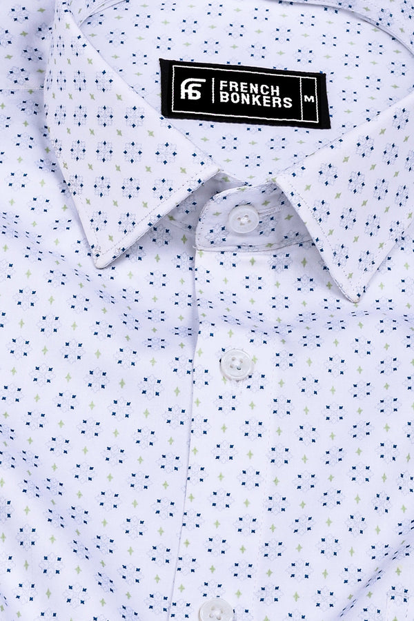 White With Blue Diamond Printed Cotton Shirt