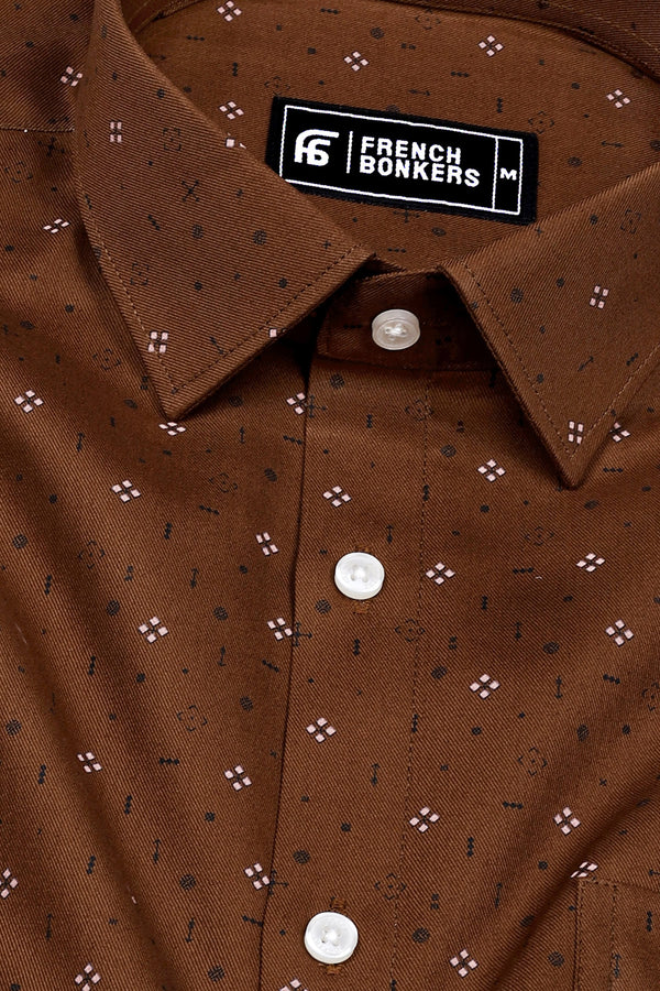 Pecan Brown Twill Printed Cotton Shirt
