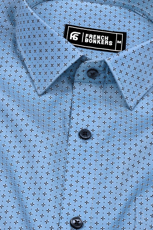 Sky Blue With Black Printed Cotton Shirt