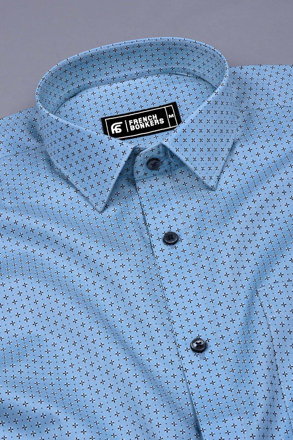 Sky Blue With Black Printed Cotton Shirt