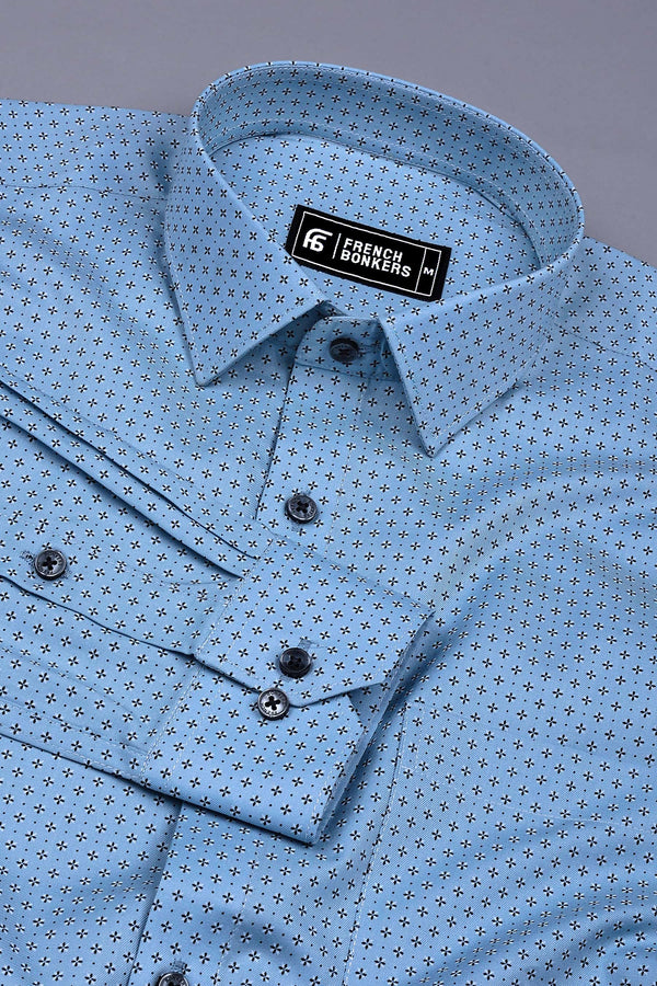 Sky Blue With Black Printed Cotton Shirt