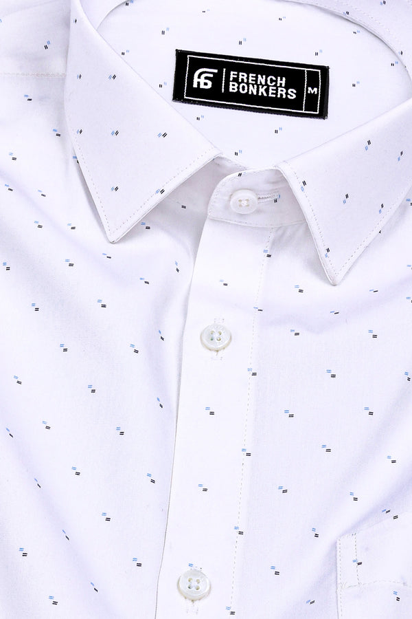 White With Sky Blue And Black Printed Cotton Shirt