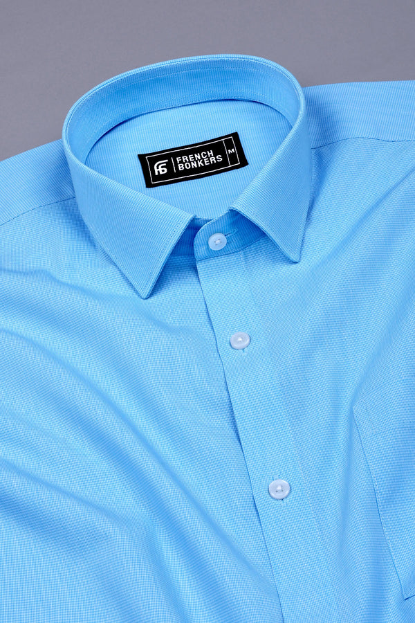 Water Blue With White Houndstooth Cotton Shirt