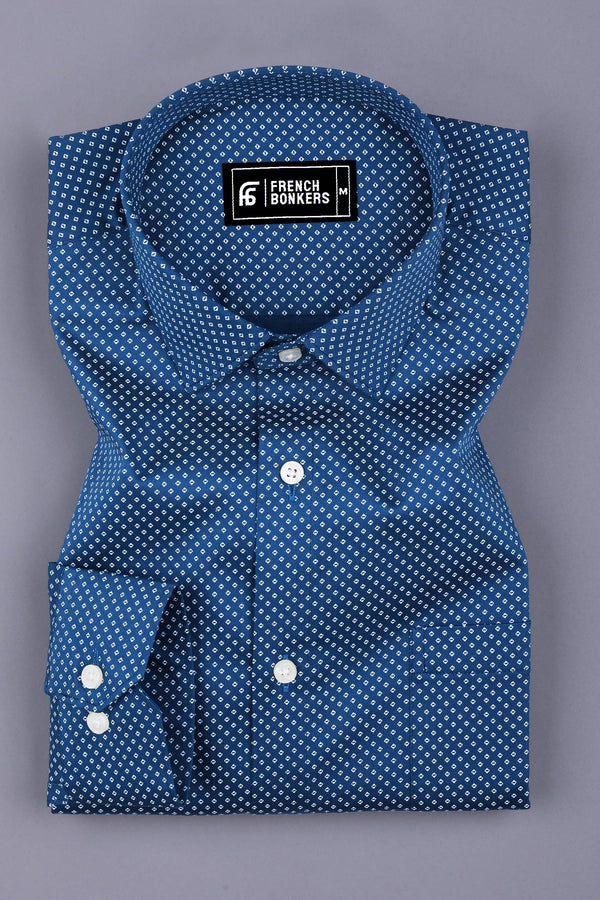 Indigo Blue With White Printed Satin Cotton Shirt