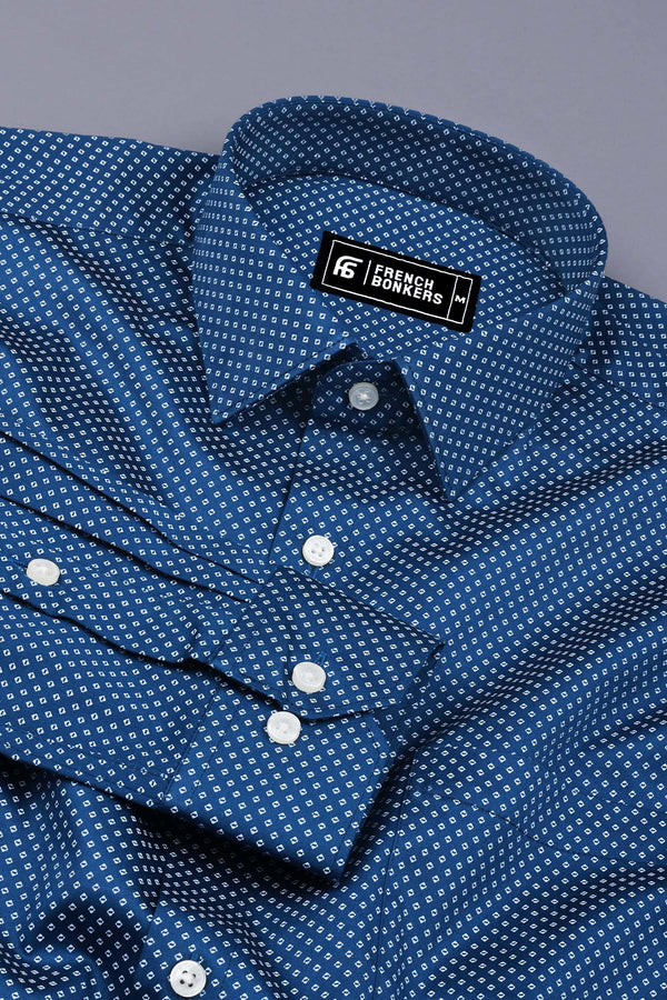 Indigo Blue With White Printed Satin Cotton Shirt