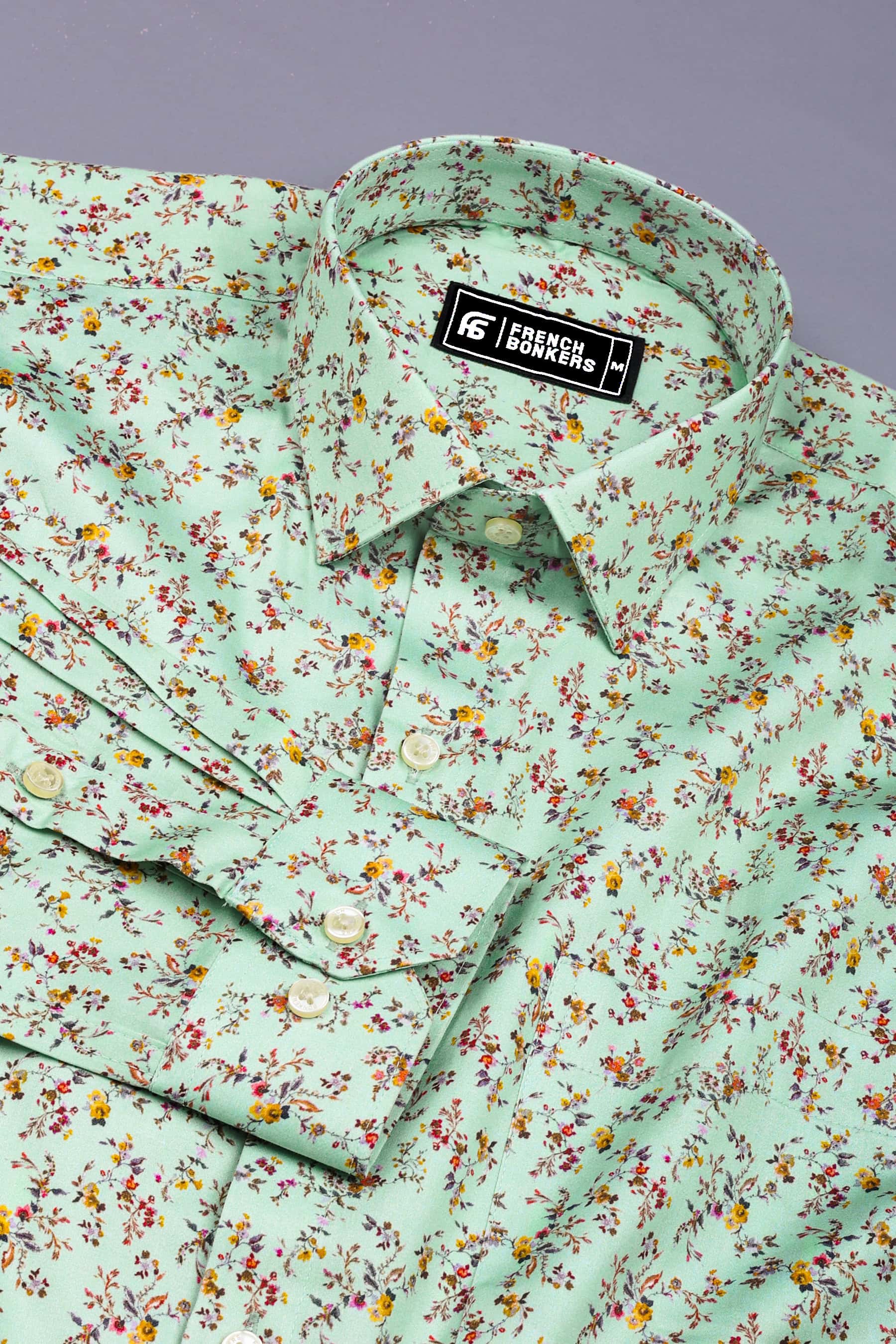 Mint Green Vintage Floral Pattern Cotton Shirt