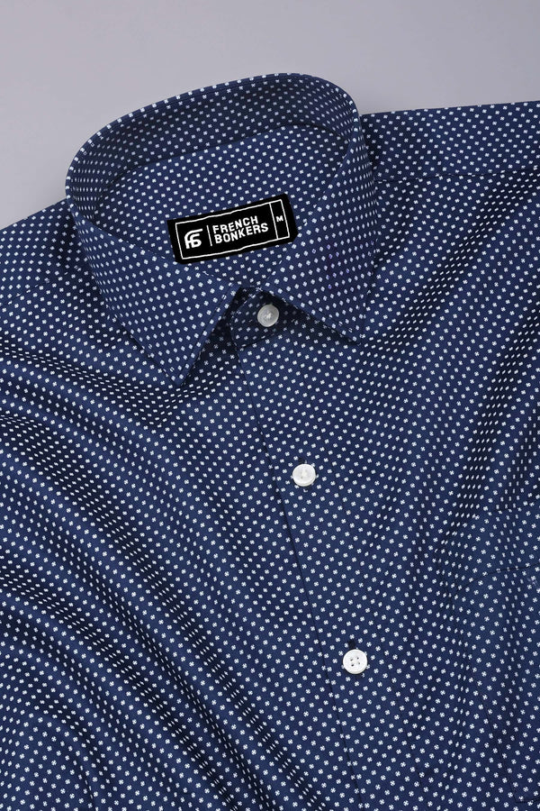 Spinex Navyblue with White Micro Dot Printed Cotton Shirt