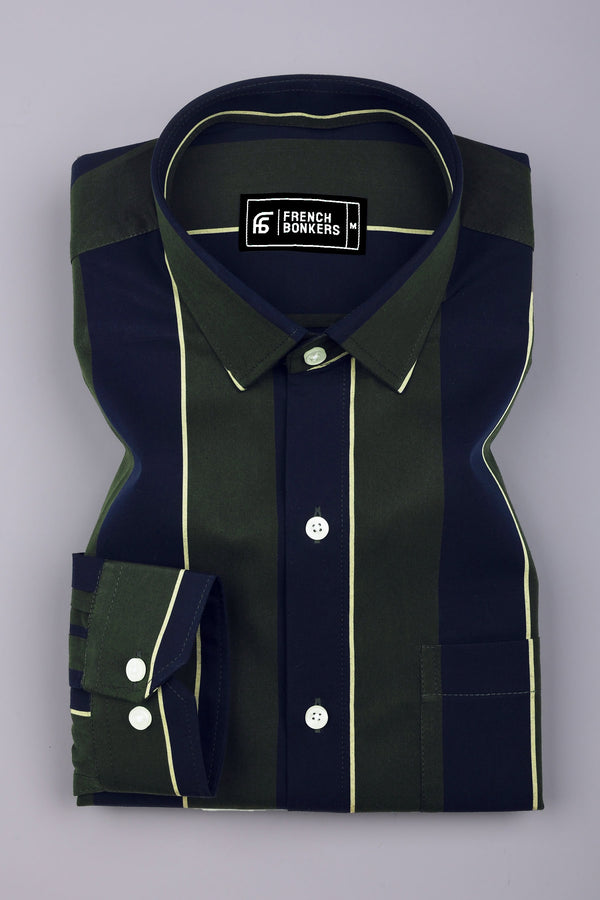 Kelvon Olive Green and Black Striped Cotton Shirt