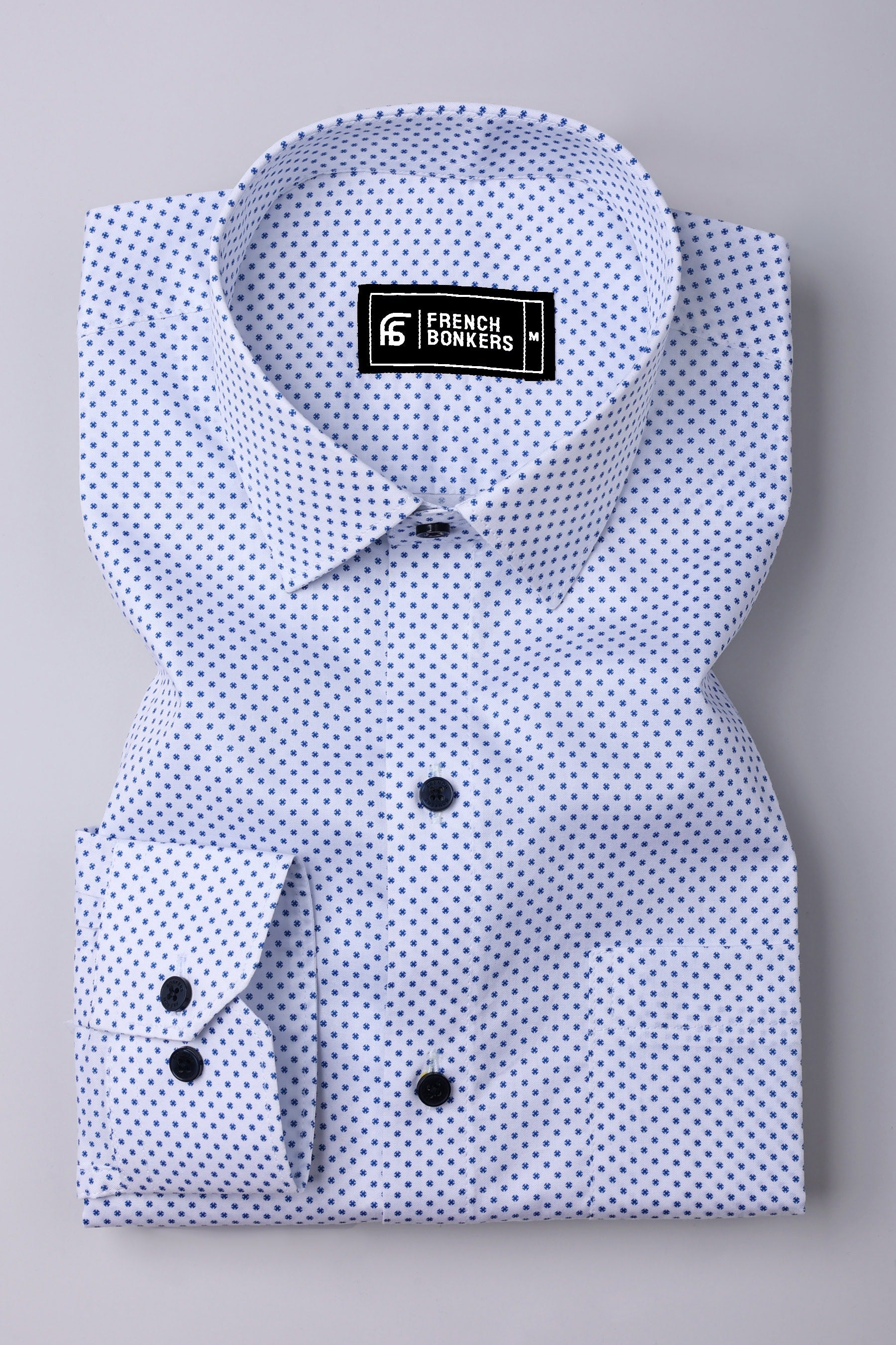 Spinex White with Blue Micro Dot Printed Cotton Shirt