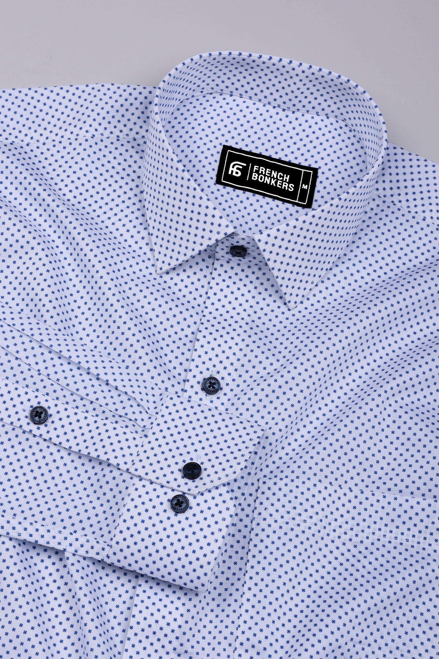 Spinex White with Blue Micro Dot Printed Cotton Shirt