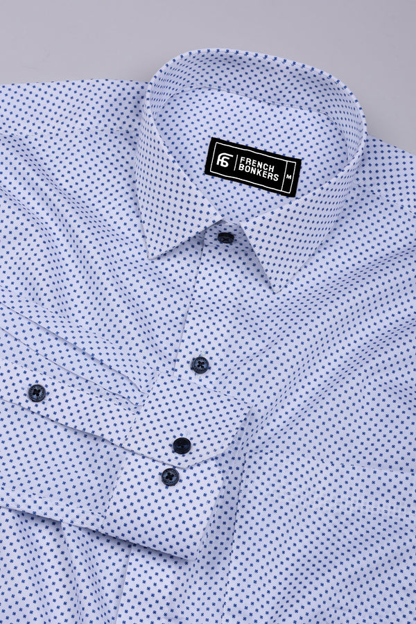 Spinex White with Blue Micro Dot Printed Cotton Shirt