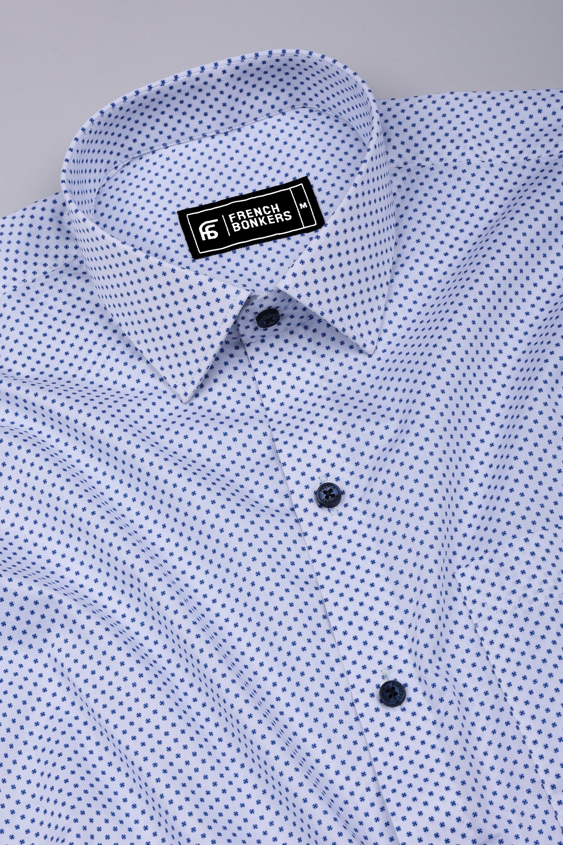 Spinex White with Blue Micro Dot Printed Cotton Shirt