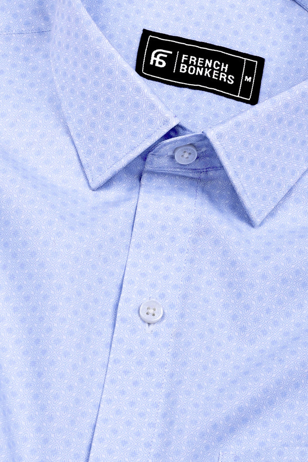 Aethera Sky Blue Micro Printed Cotton Shirt