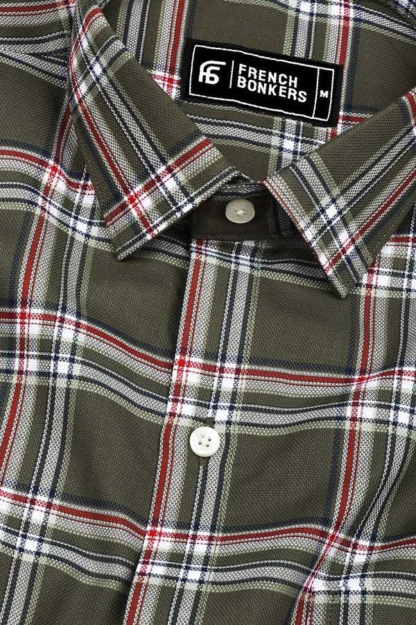 Hunter Green With Red Check Dobby Cotton Shirt
