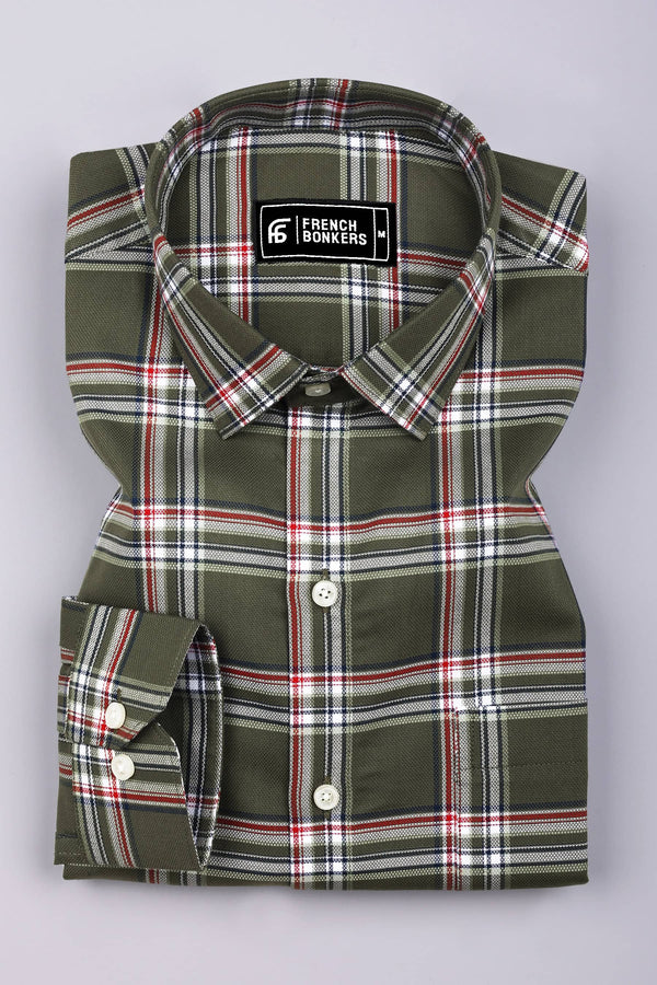 Green Cotton Shirt with Red Check Pattern for Men