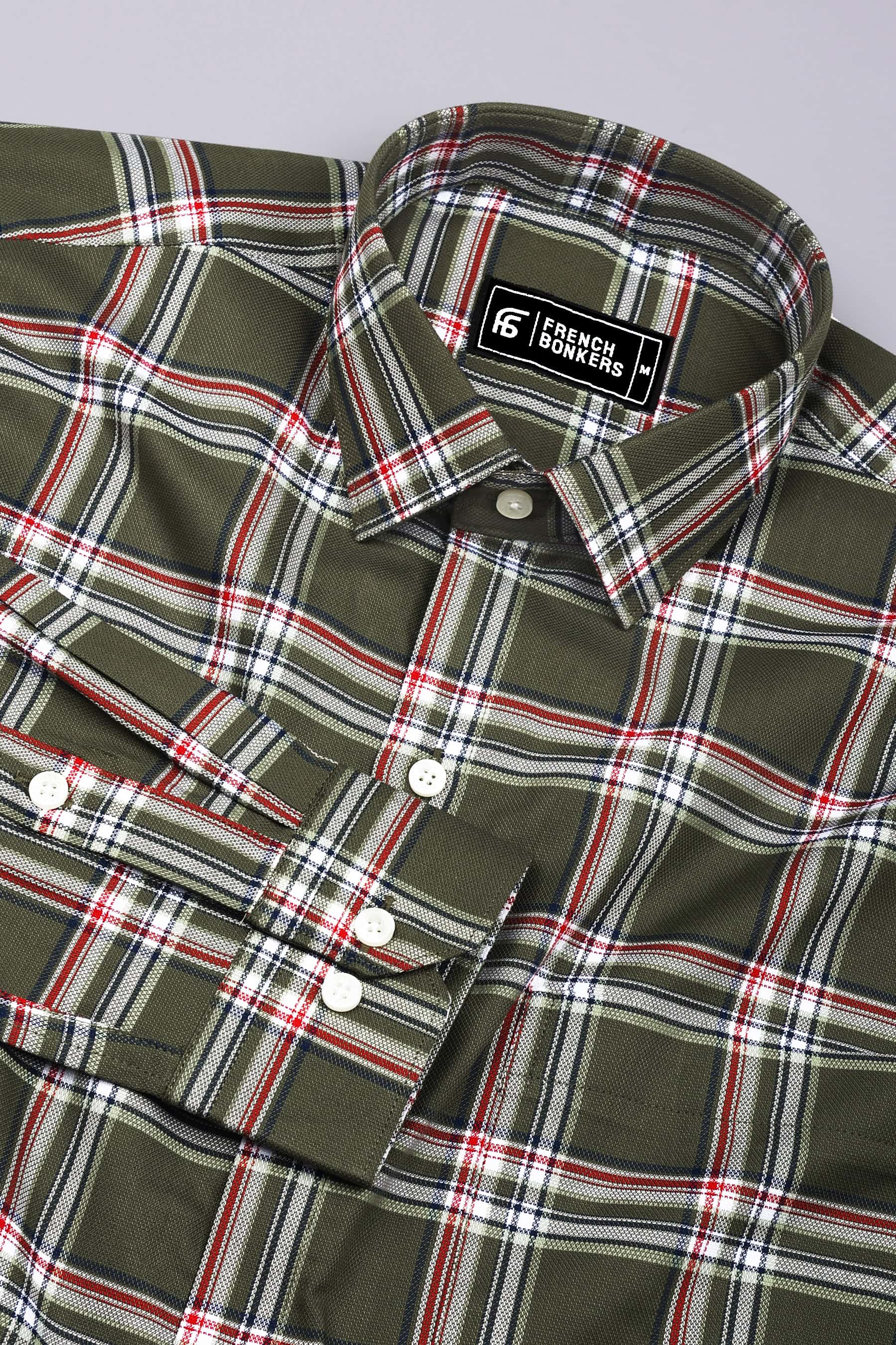 Hunter Green With Red Check Dobby Cotton Shirt