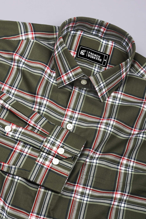 Hunter Green With Red Check Dobby Cotton Shirt