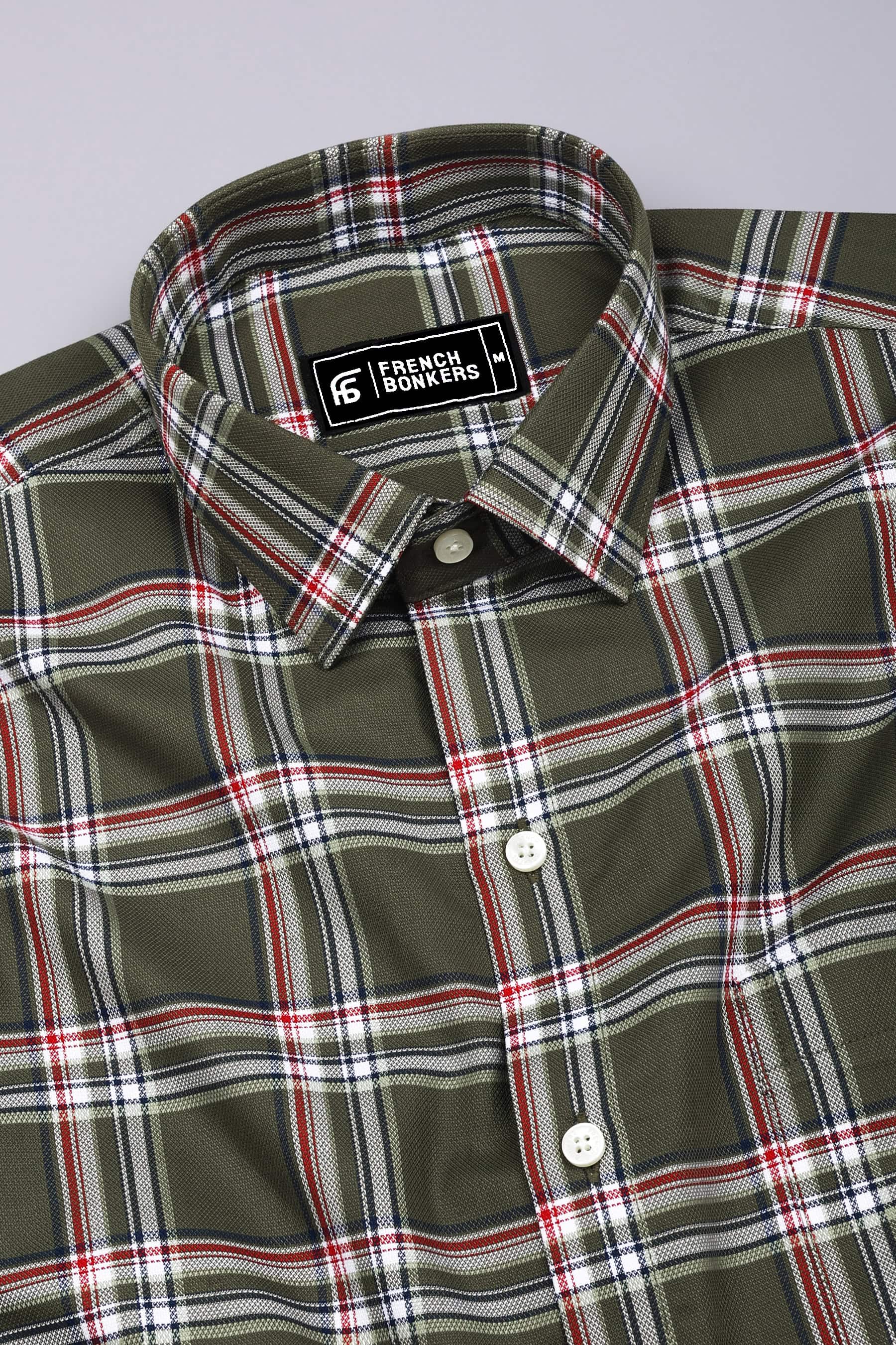 Hunter Green With Red Check Dobby Cotton Shirt