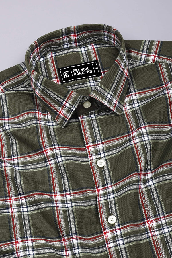 Hunter Green With Red Check Dobby Cotton Shirt