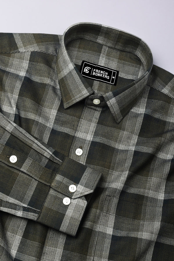 Zimma Green With White Check Corduroy Cotton Shirt