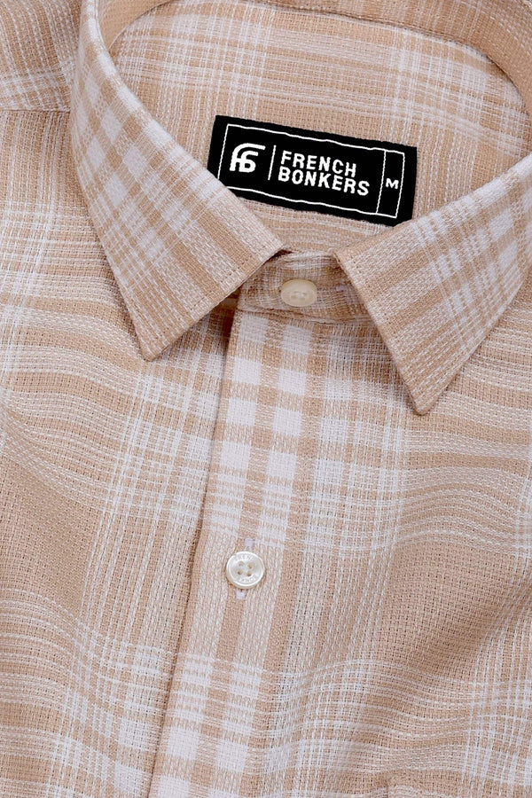 Biscuit Cream With White Check Jute Cotton Shirt