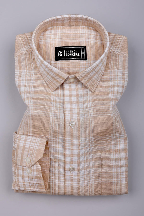 Biscuit Cream With White Check Jute Cotton Shirt