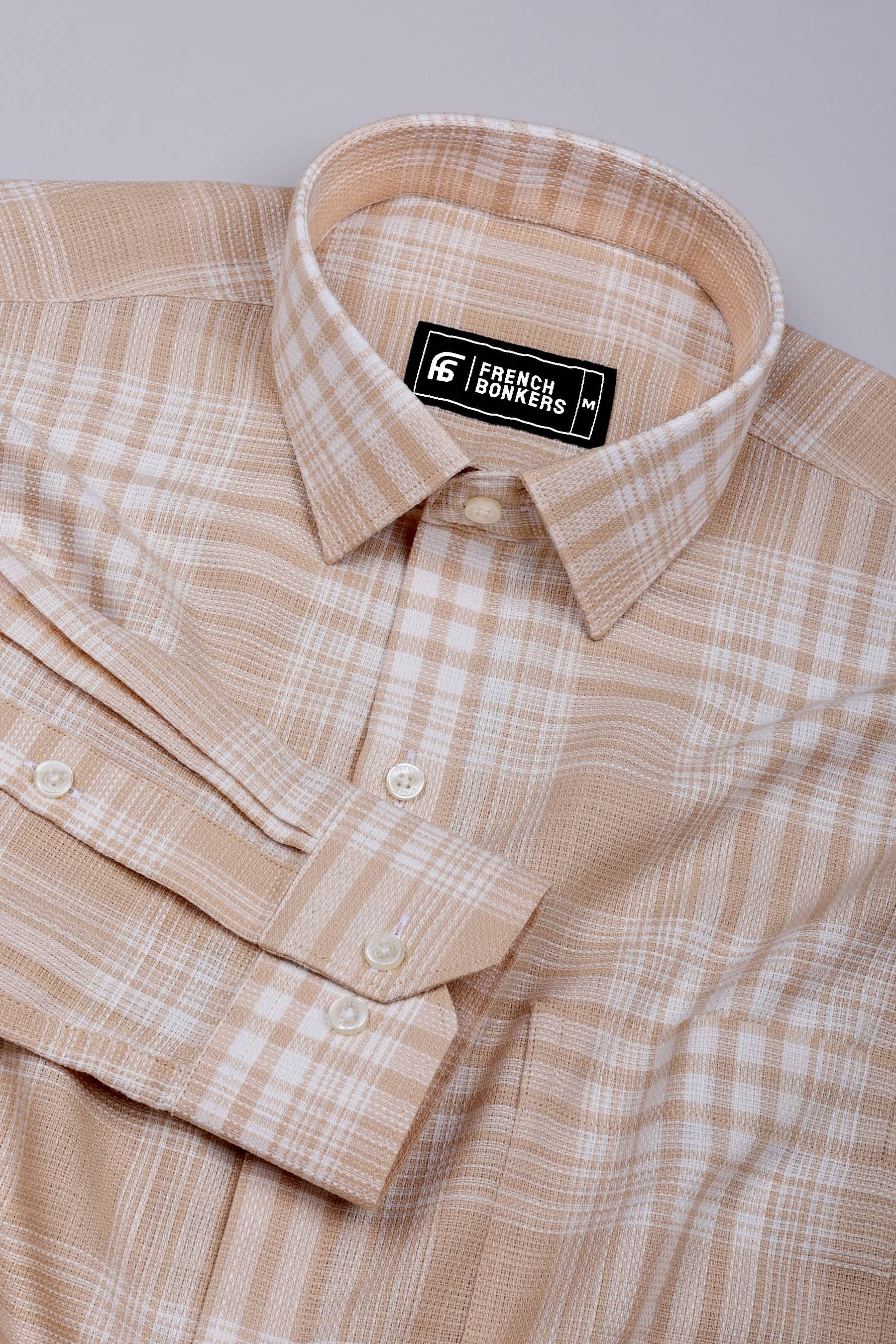 Biscuit Cream With White Check Jute Cotton Shirt