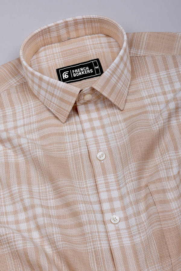 Biscuit Cream With White Check Jute Cotton Shirt