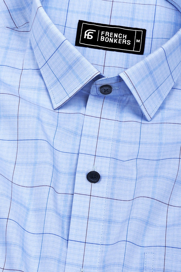 Sky Blue With Brown Check Cotton Formal Shirt