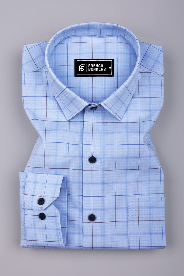 Sky Blue With Brown Check Cotton Formal Shirt