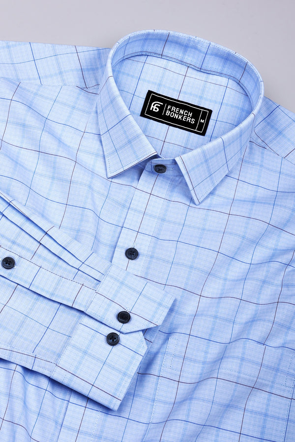 Sky Blue With Brown Check Cotton Formal Shirt