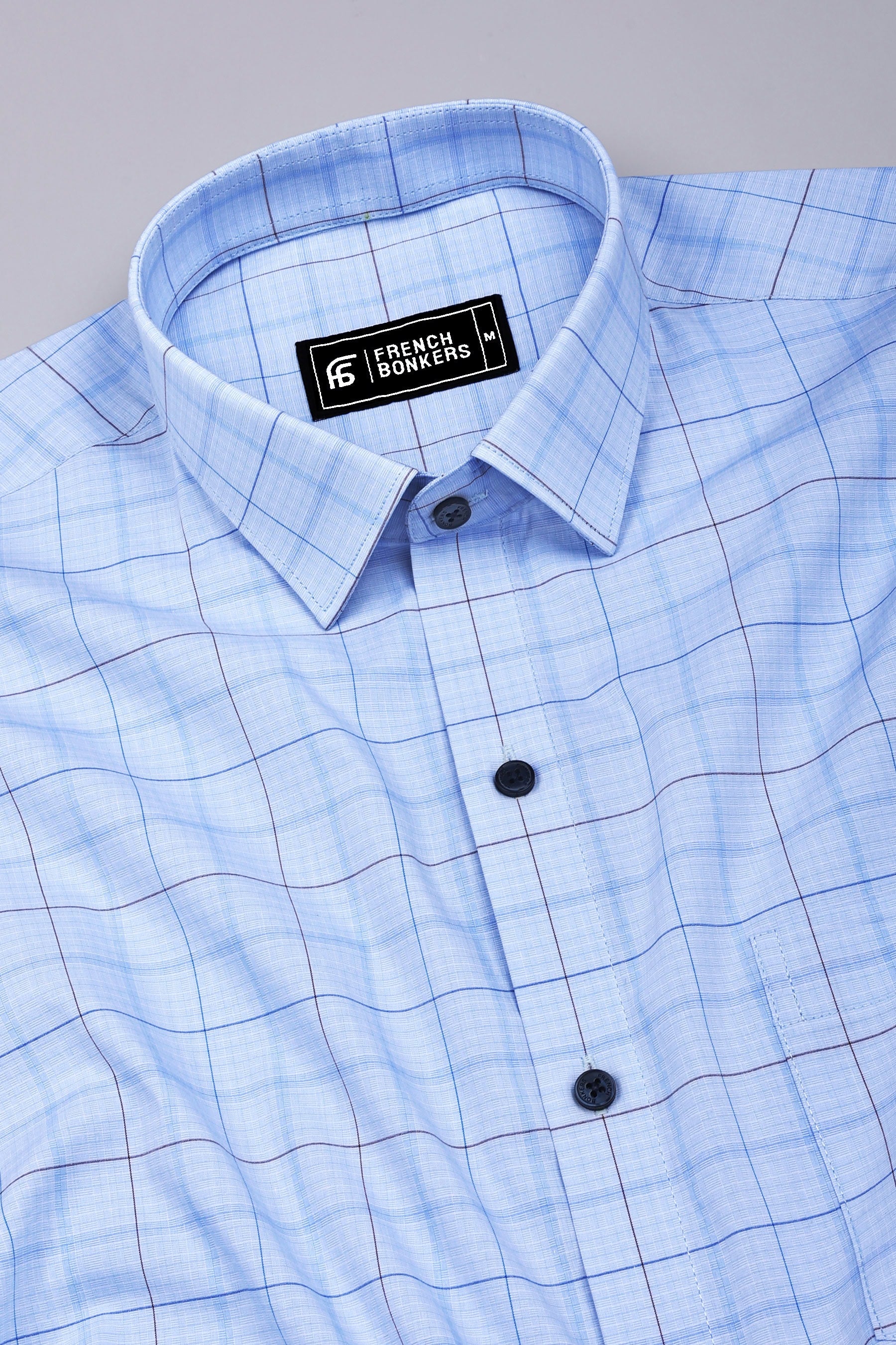 Sky Blue With Brown Check Cotton Formal Shirt