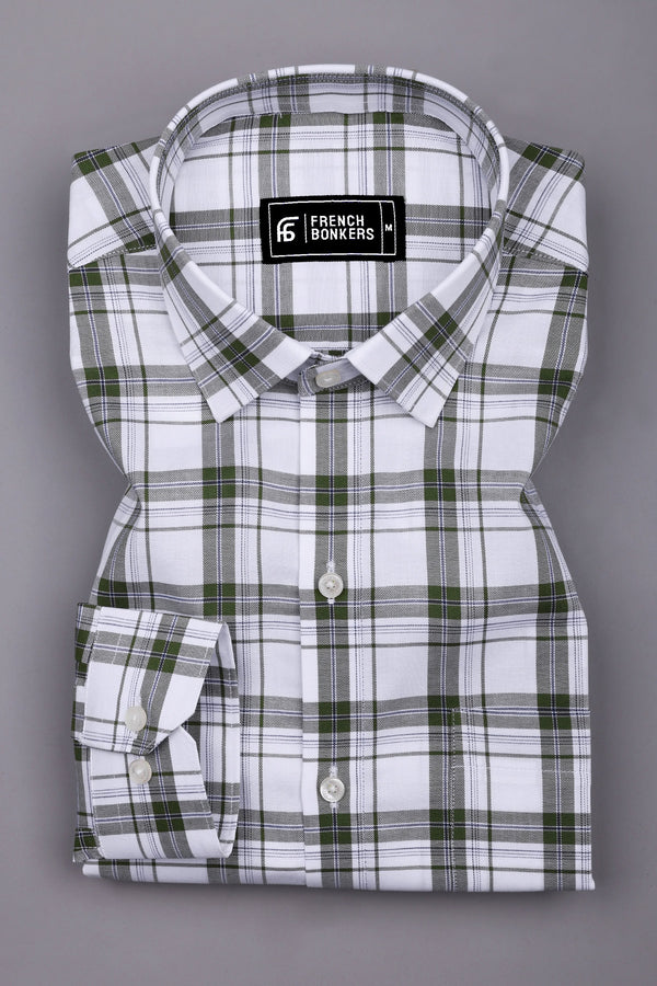 Panza Green With White Twill Check Cotton Shirt