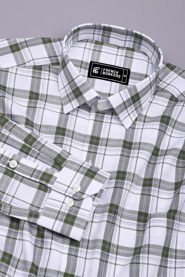 Panza Green With White Twill Check Cotton Shirt