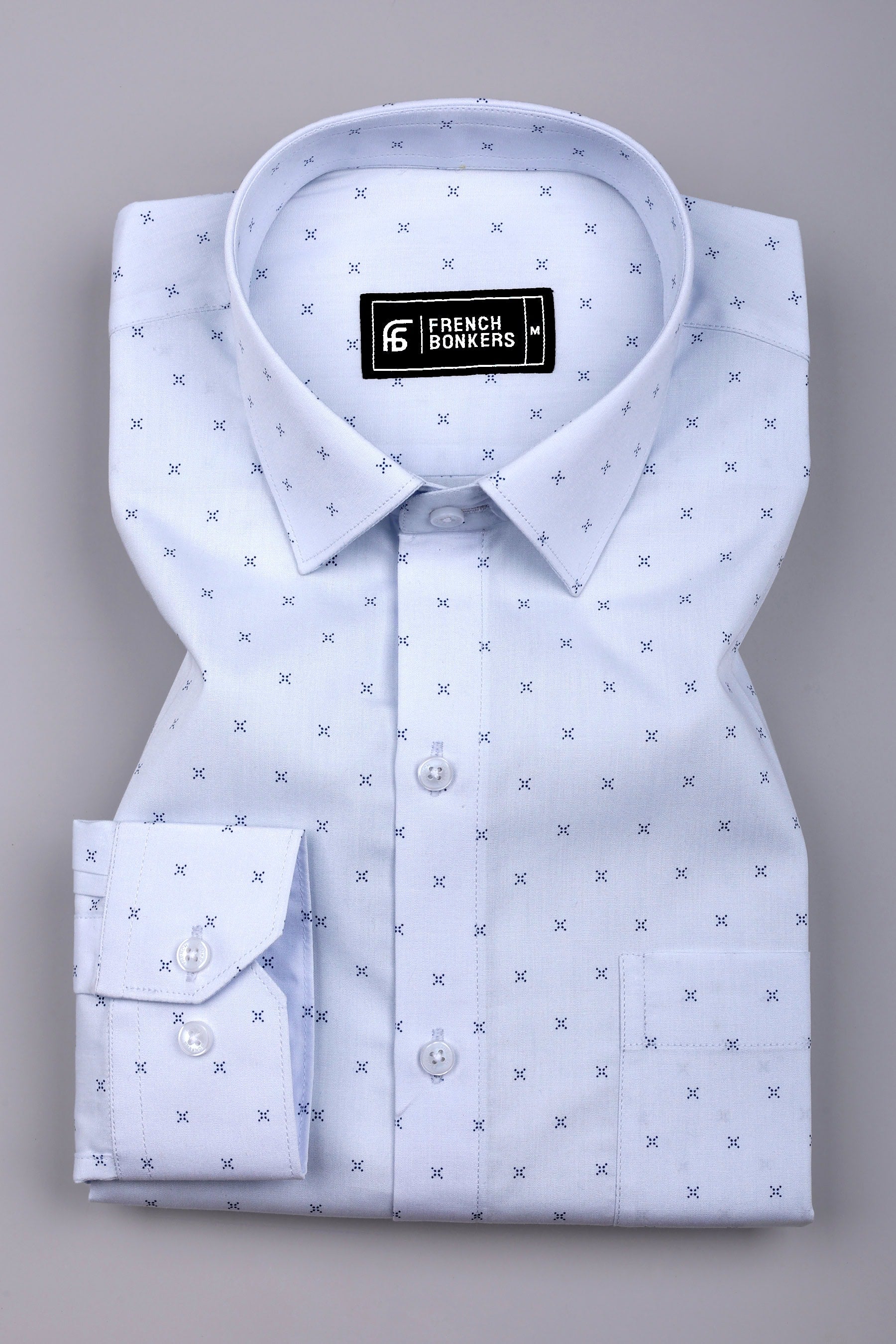 Ice Blue With Navyblue Doted Cross printed Cotton Shirt