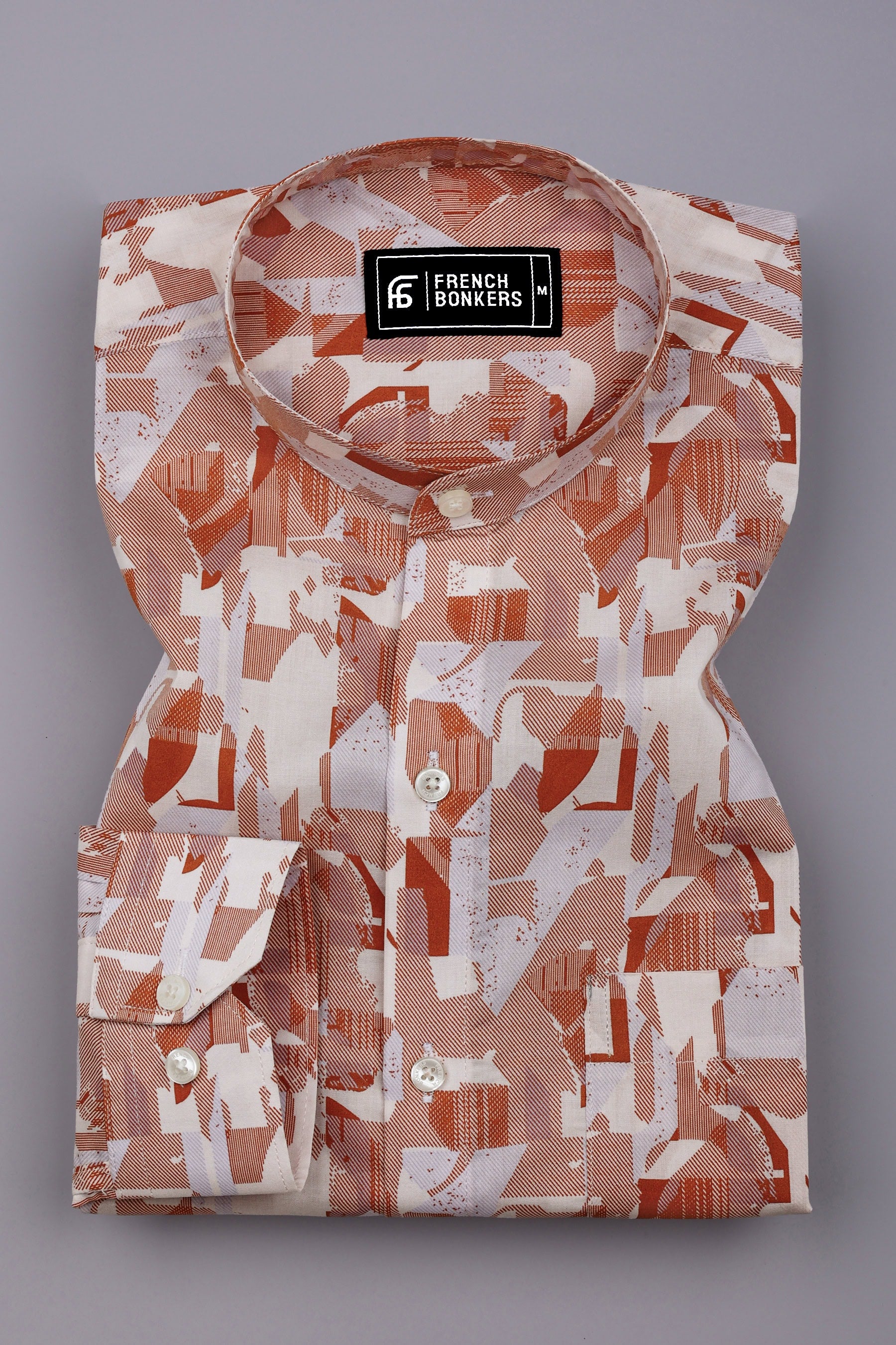 Sage Orange Abstract Geometric Printed Cotton Shirt