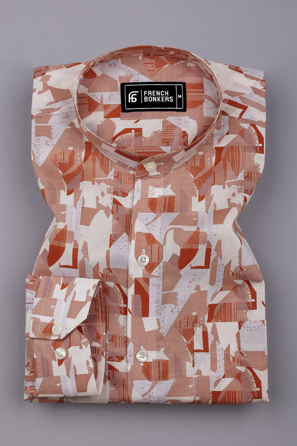 Sage Orange Abstract Geometric Printed Cotton Shirt