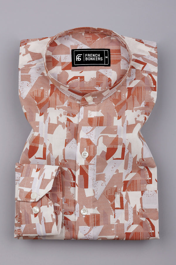 Sage Orange Abstract Geometric Printed Cotton Shirt