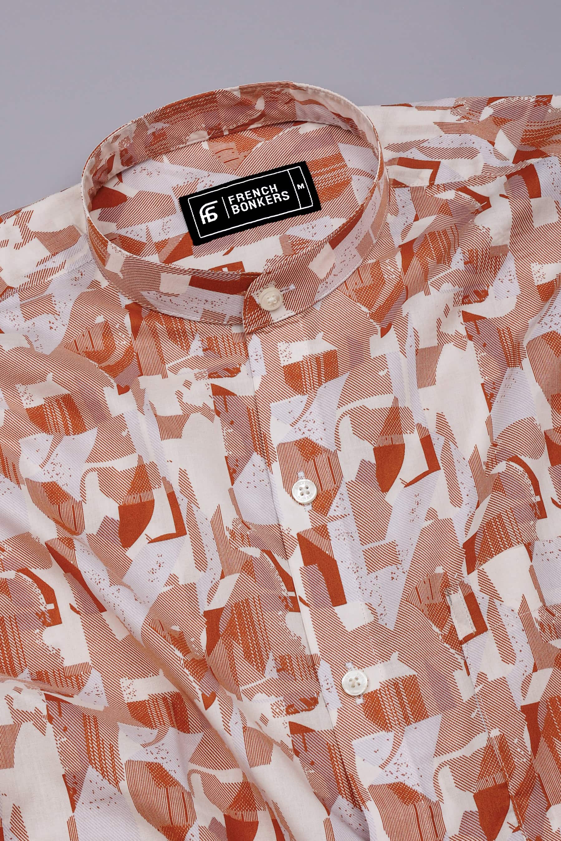 Sage Orange Abstract Geometric Printed Cotton Shirt