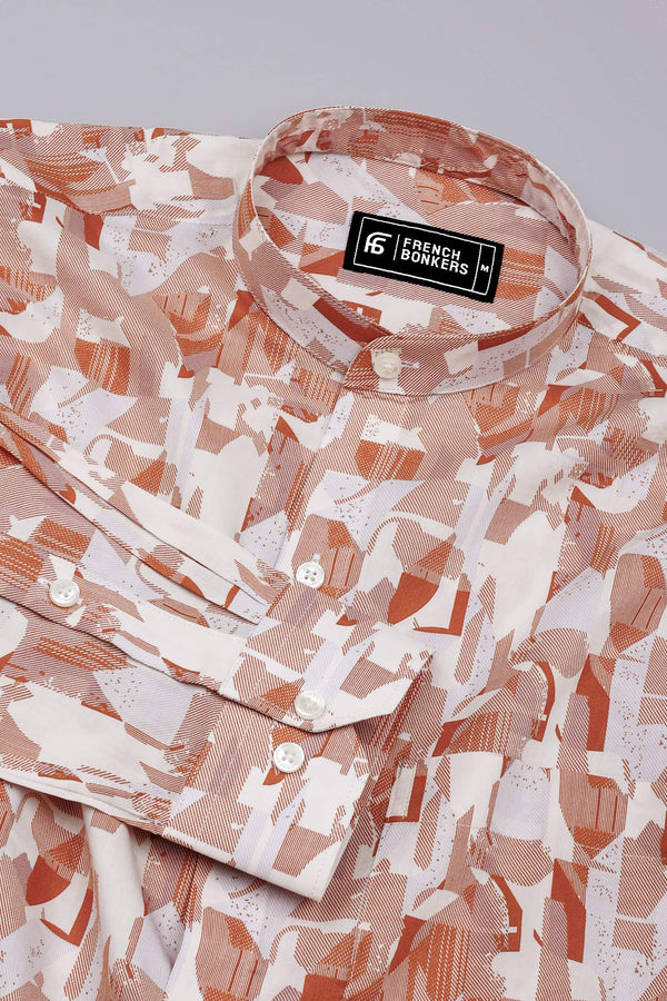 Sage Orange Abstract Geometric Printed Cotton Shirt