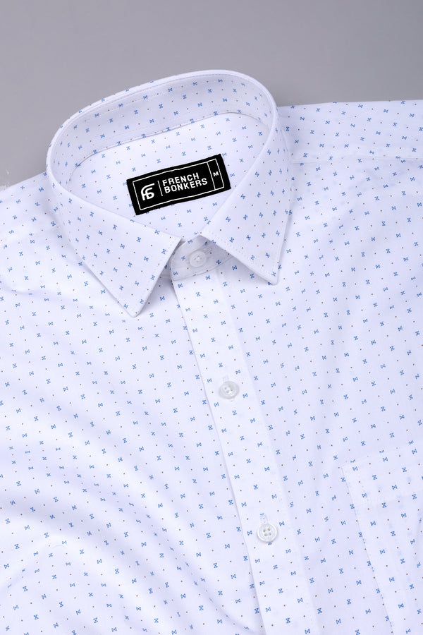 Milary White With Blue Hourglass Printed Cotton Shirt