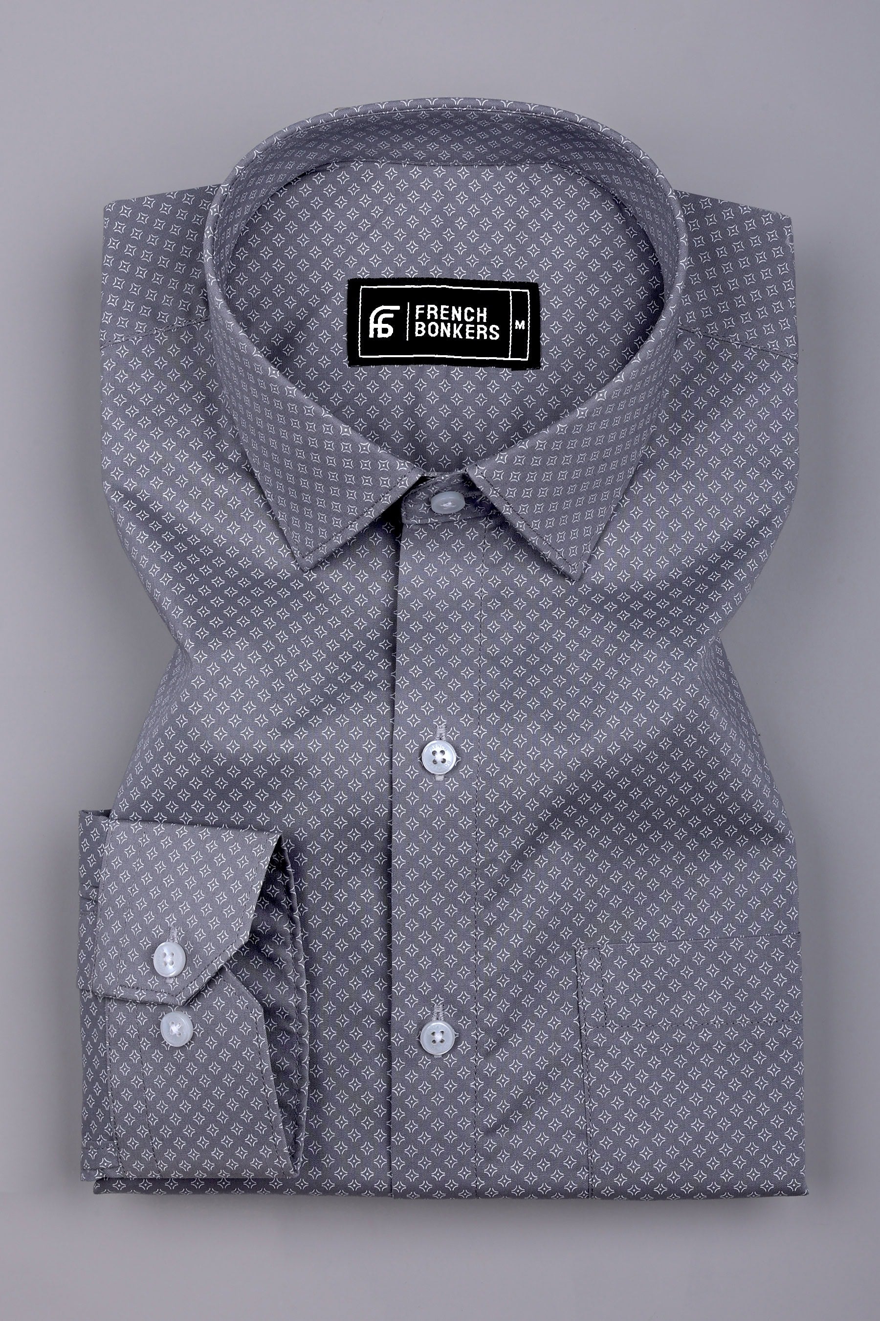Smoky Grey With White Printed Cotton Shirt