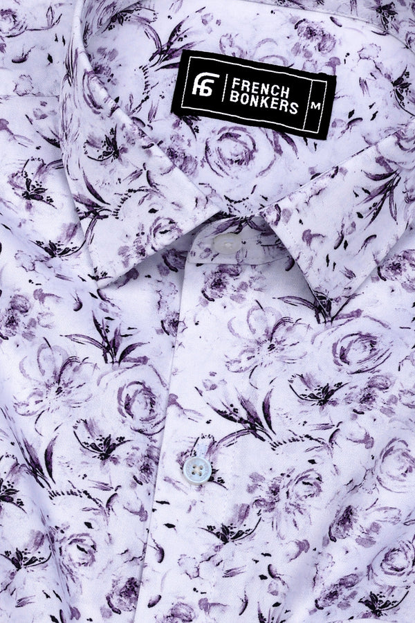 Lavender Purple With White Digital Floral Printed Cotton Shirt