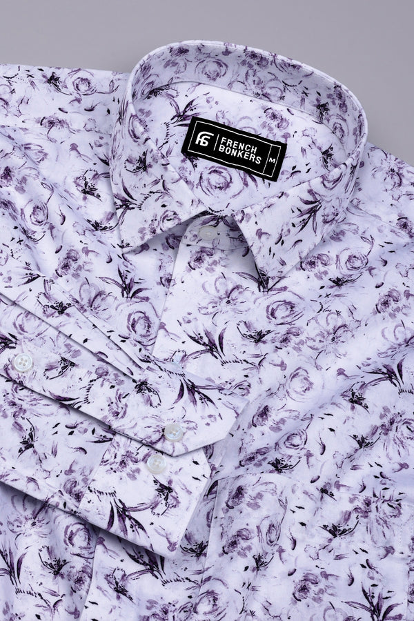 Lavender Purple With White Digital Floral Printed Cotton Shirt