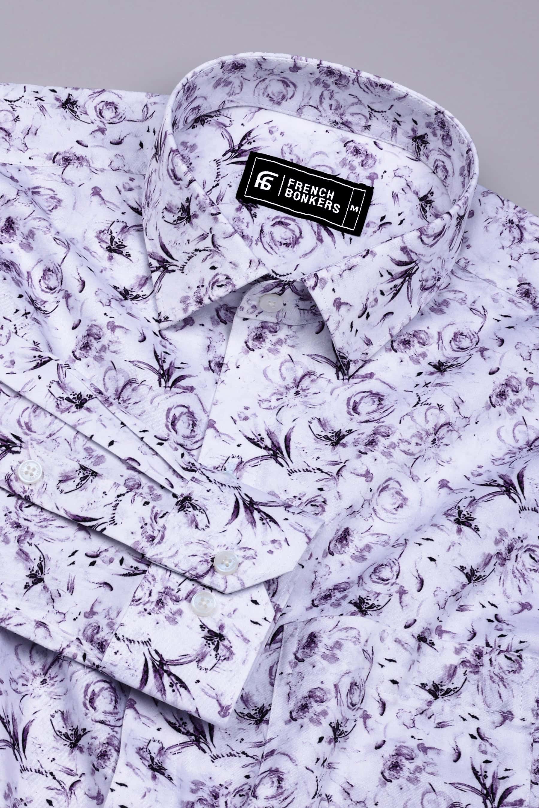 Lavender Purple With White Digital Floral Printed Cotton Shirt